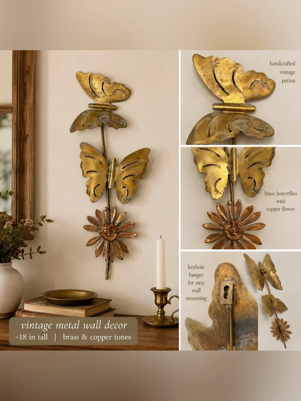 Vintage Style Butterfly Flower Metal Wall Decor Gold Copper Tone 18” Boho